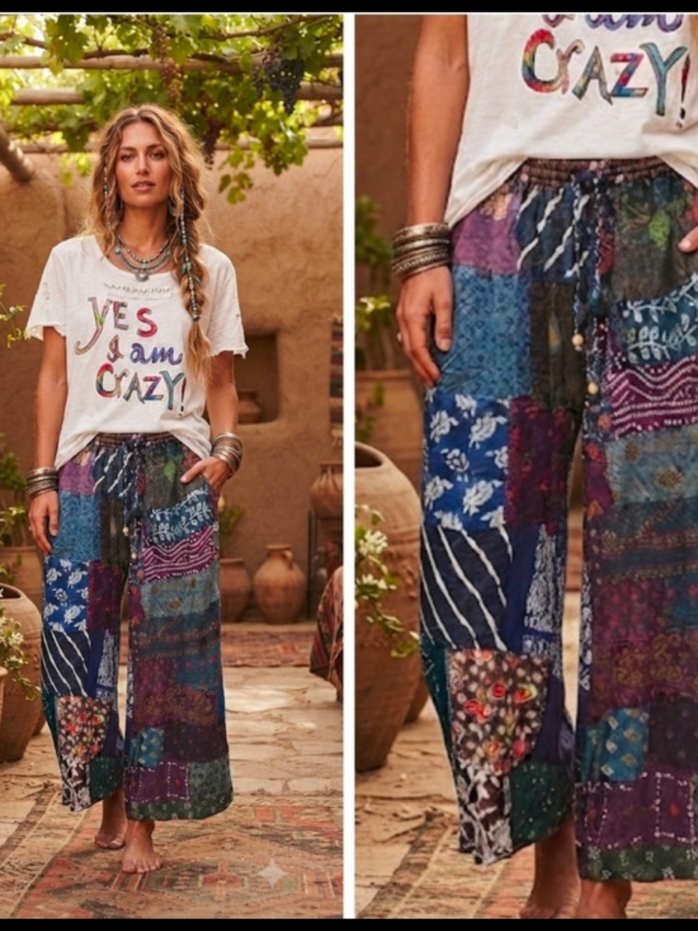 Jaded Gypsy Boho Patchwork Wide-Leg Pants - Multicolor
